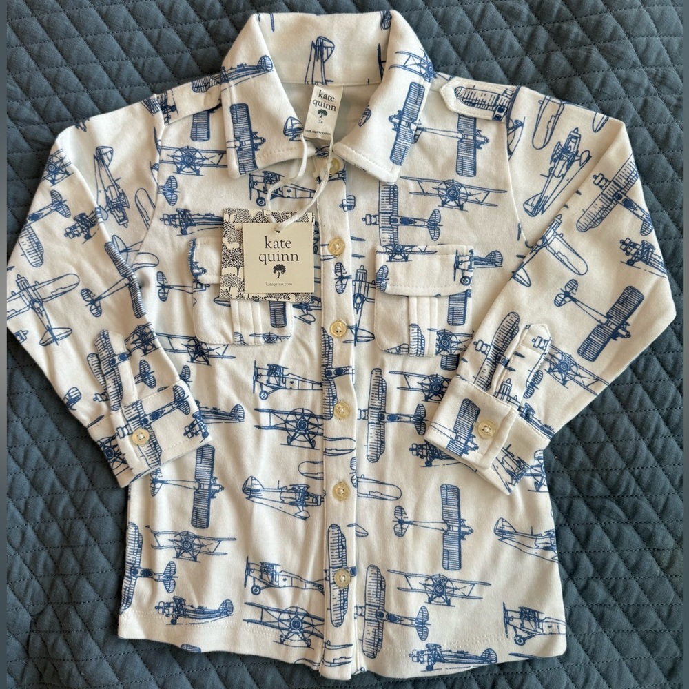 Kate Quinn organic cotton boys button down shirt 3T new with tags airplanes